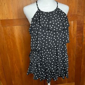White House Black Market black and white polka dot ruffle sleeveless blouse